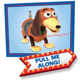 Slinky Dog pull toy attached to leash for tug-along play.