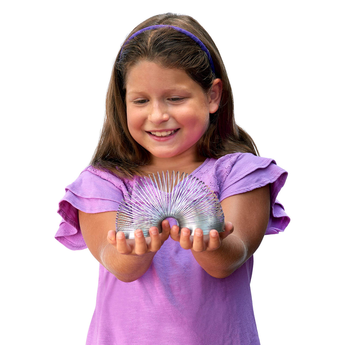 Just Play Classic Slinky walks downstairs, satisfying kinetic play for kids.