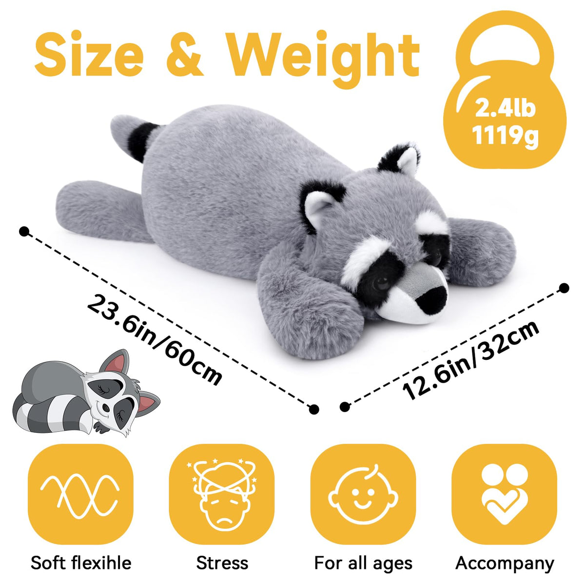 Slojkardon raccoon weighted plush on sofa decor.