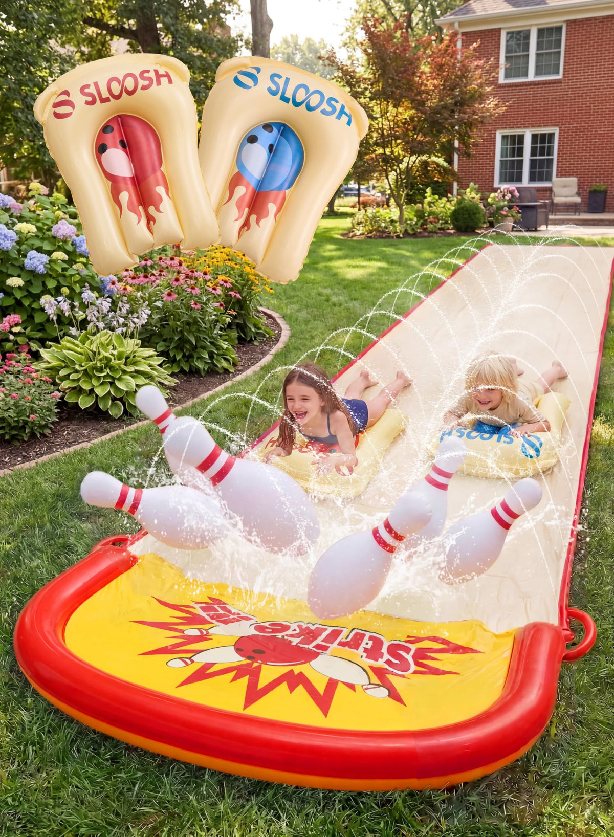 Sloosh 20ft lawn water slide with bowling set for backyard fun.