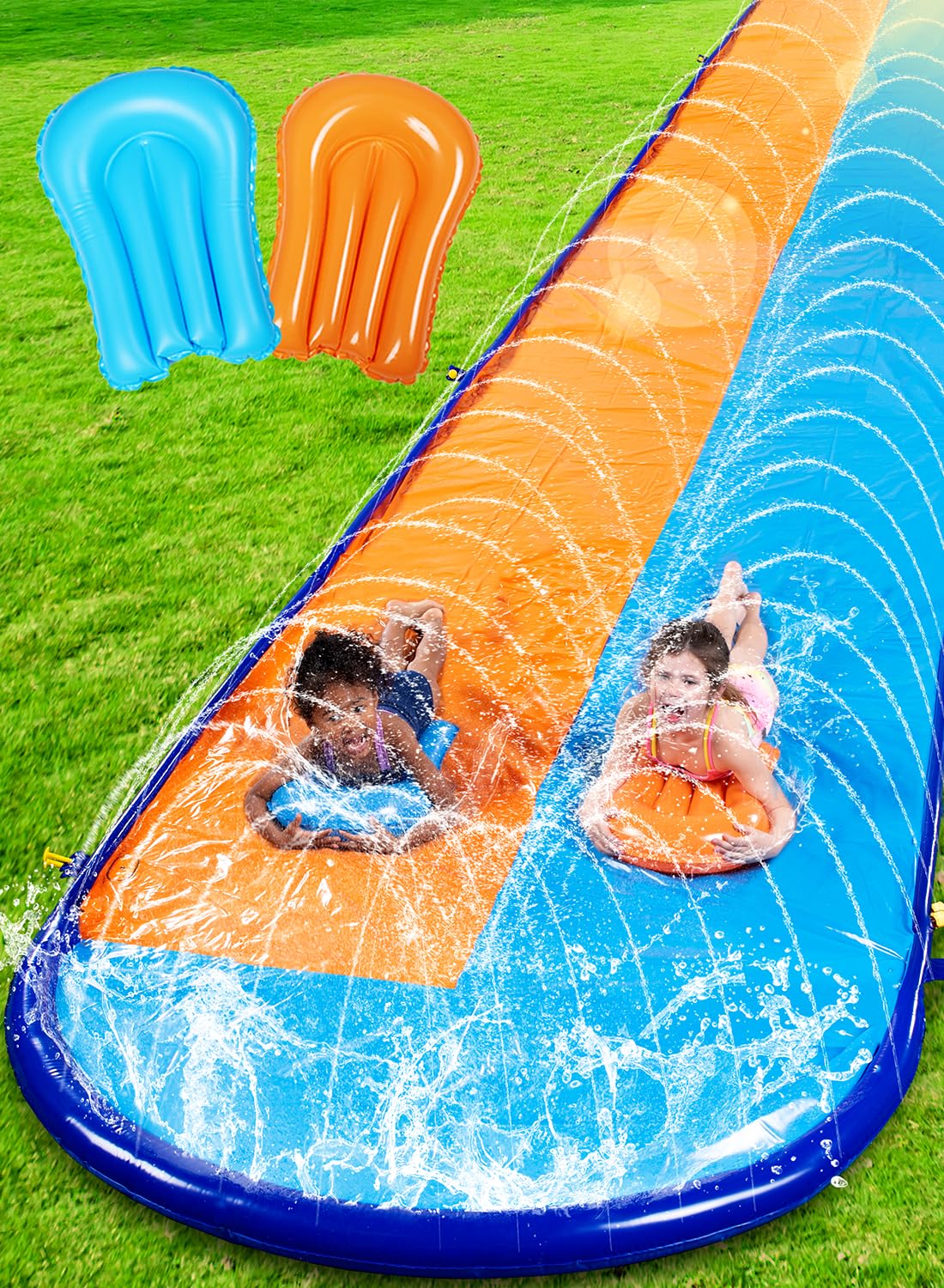 Sloosh 22.5ft double water slide in action for family backyard fun.