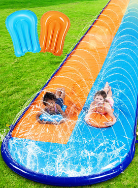 Sloosh 22.5ft double water slide in action for family backyard fun.