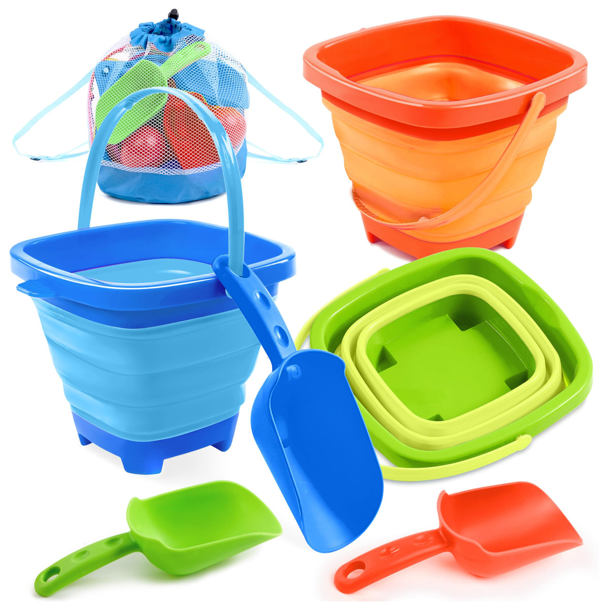 Sloosh 3-pack collapsible sand pails for quick beach play and easy storage.