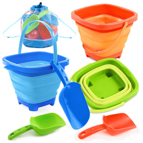 Sloosh 3-pack collapsible sand pails for quick beach play and easy storage.