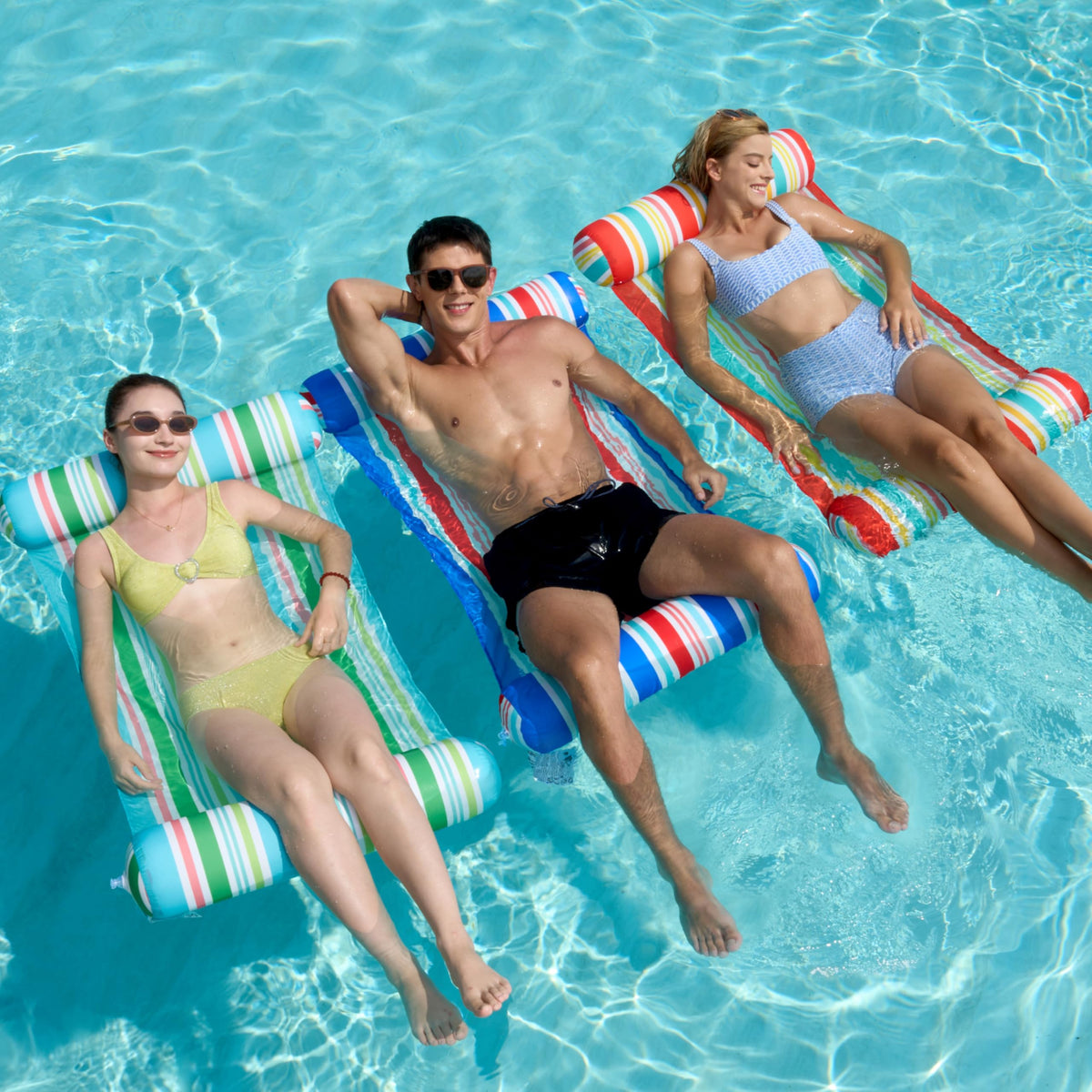 Sloosh blue hammock float provides buoyant support for sunbathing.