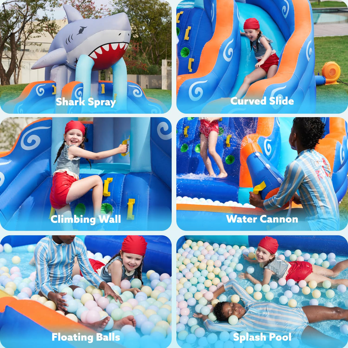 Sloosh 6-in-1 bounce house features slide, splash pool, and wall.