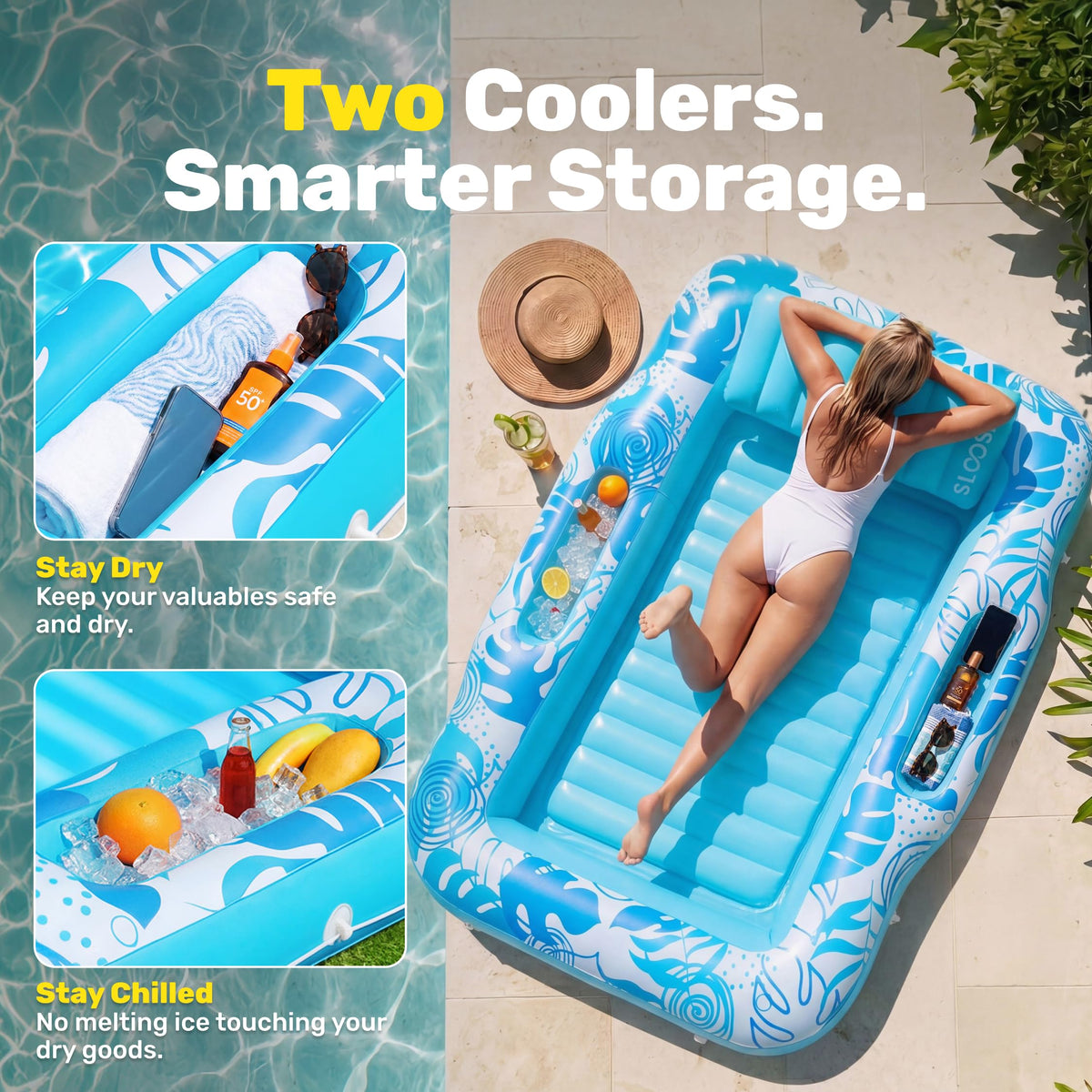 Sloosh 6-in-1 leisure station adapts to suntan tub and cooler.