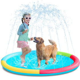 Sloosh 60inch splash pad with multicolor design, a bright outdoor play space for kids and pets