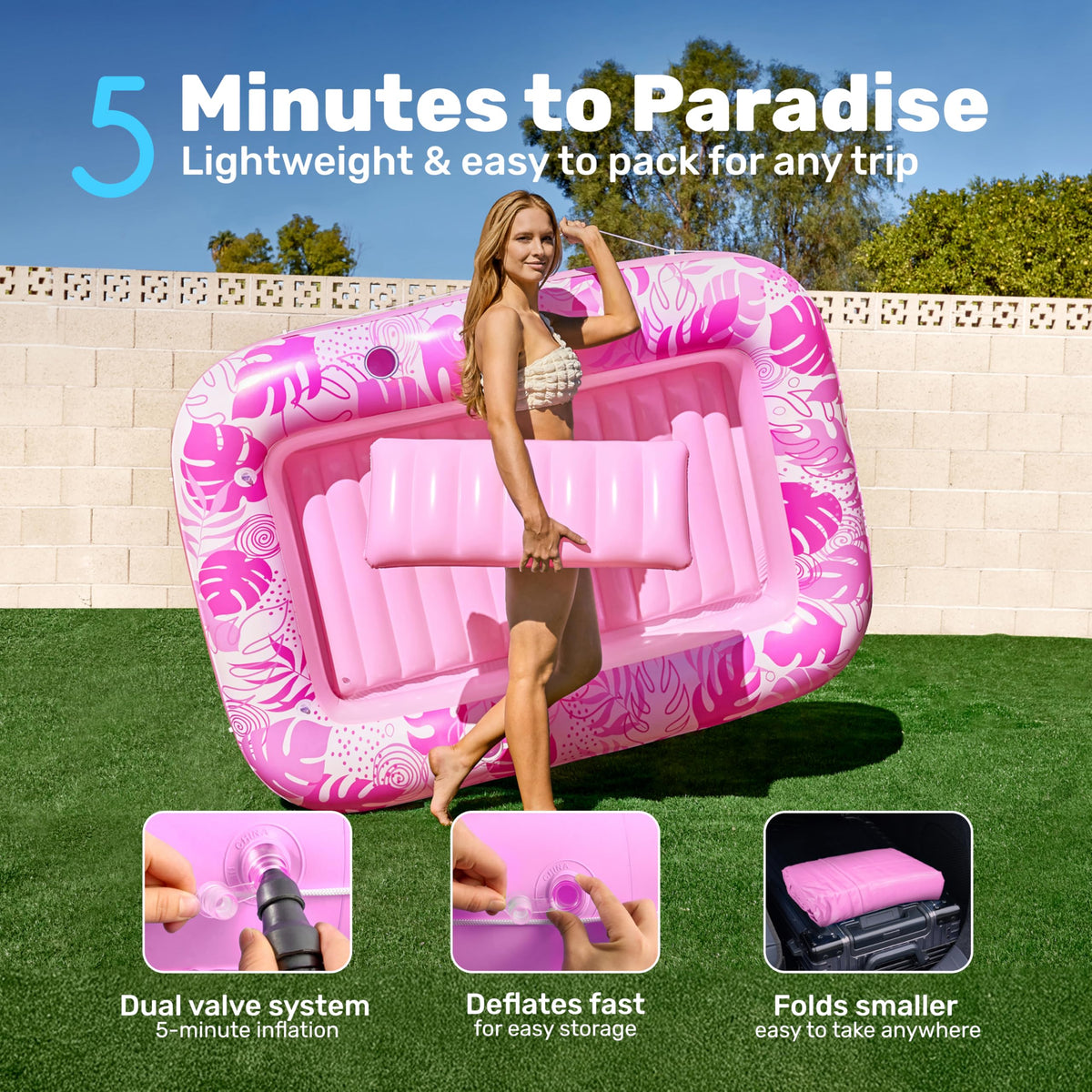 Sloosh tanning pool measures 70x46 inches for personal space.