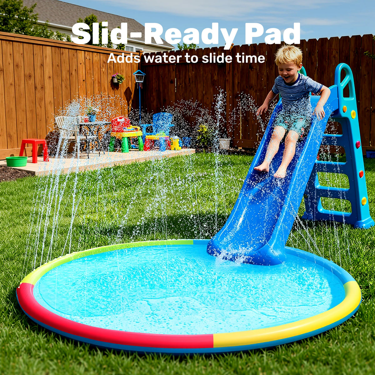 Sloosh backyard birthday fun with kids and pets enjoying the splash mat.
