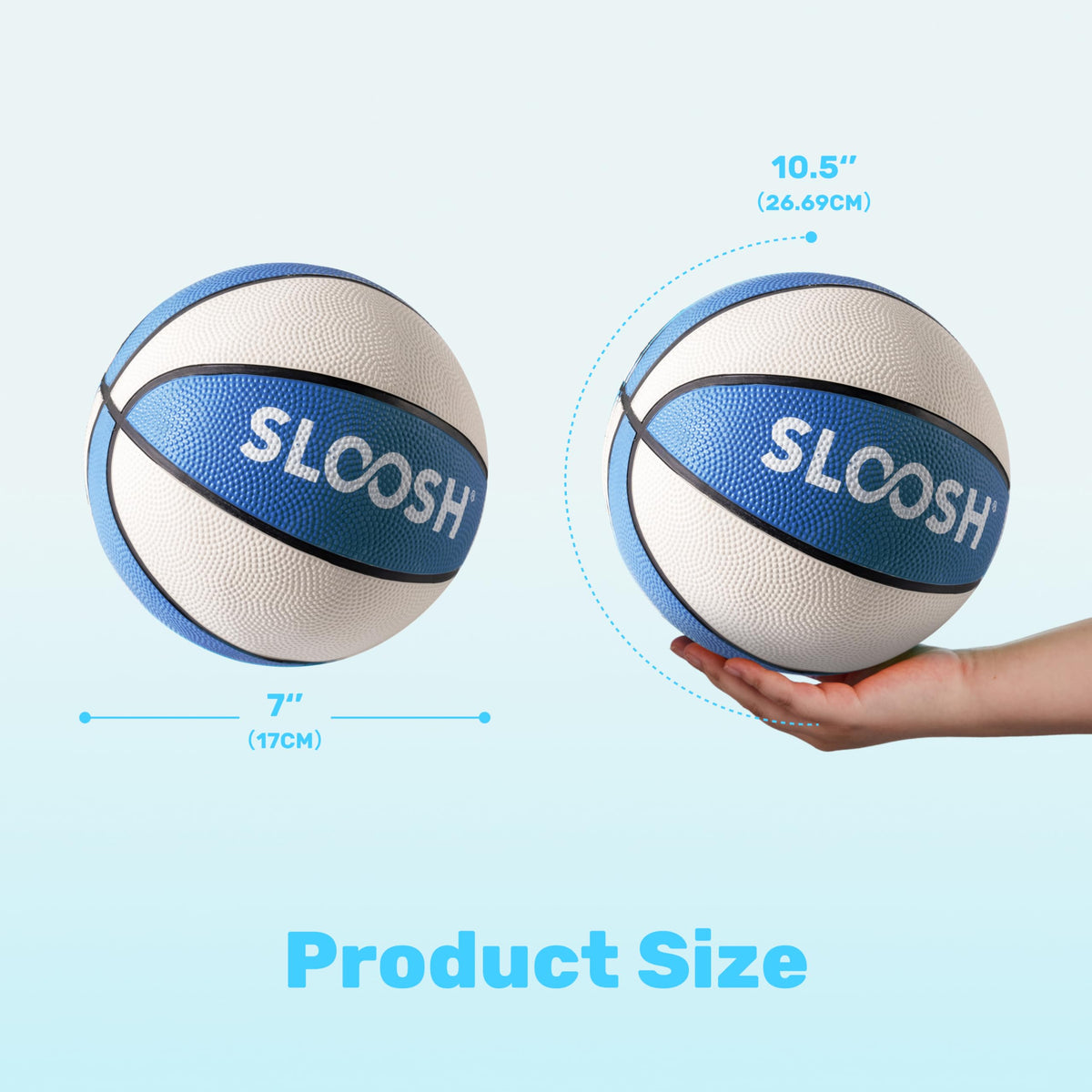Sloosh 7-inch blue basketball compatible with most pool hoops for all ages.