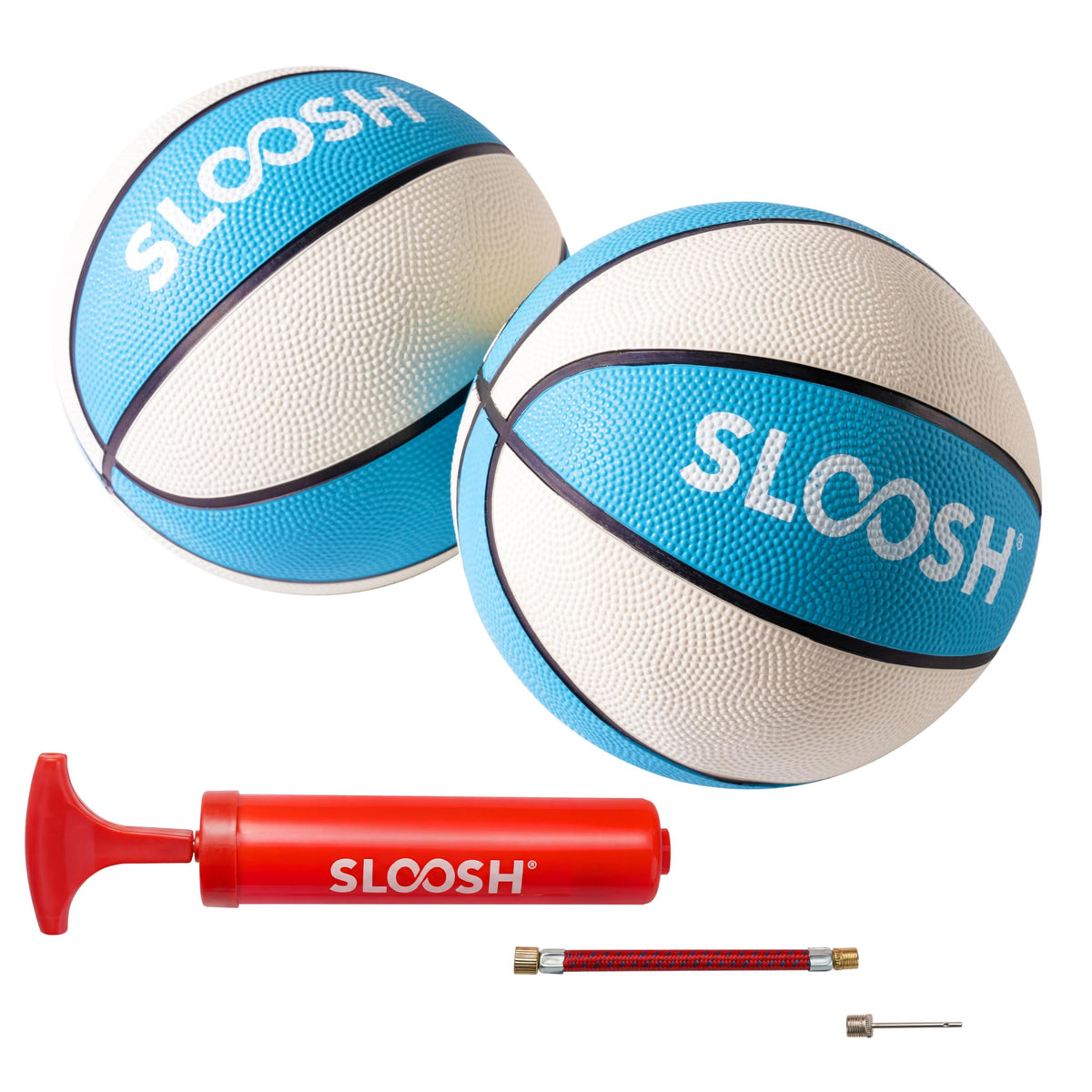 Sloosh 7-inch Aquablue pool basketballs ready for water games.