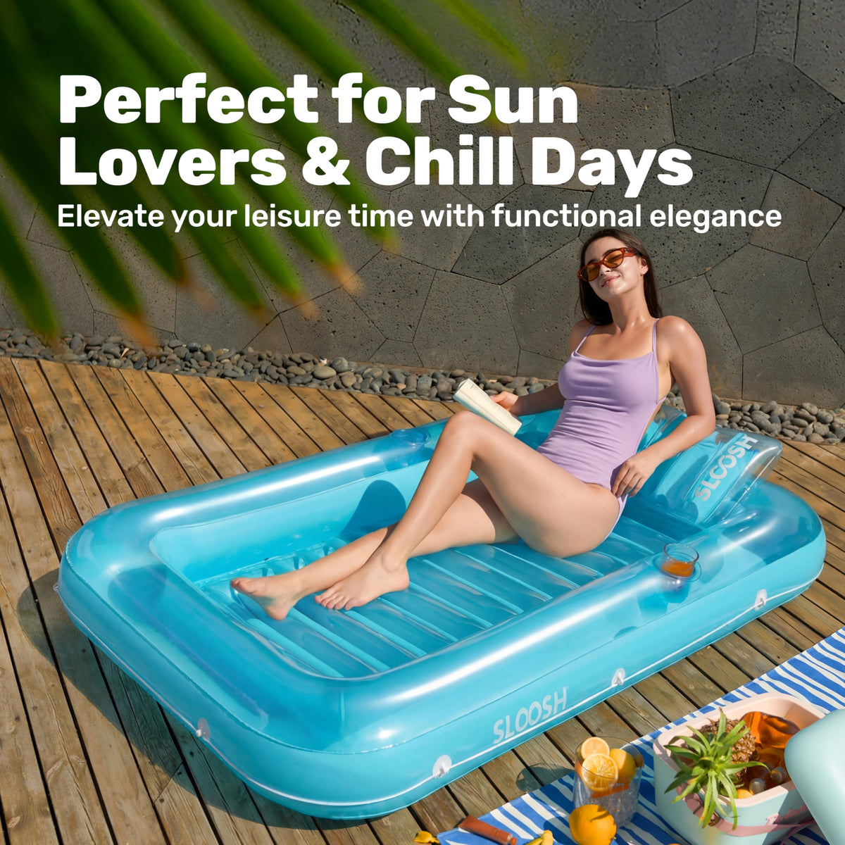 Sloosh backyard and beach use tanning pool lounger in action