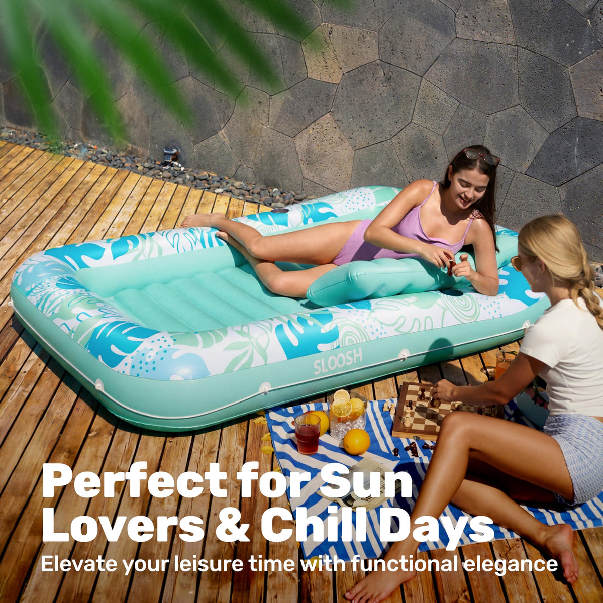 Sloosh tanning float ideal for backyard, pool, or lakeside relaxation.