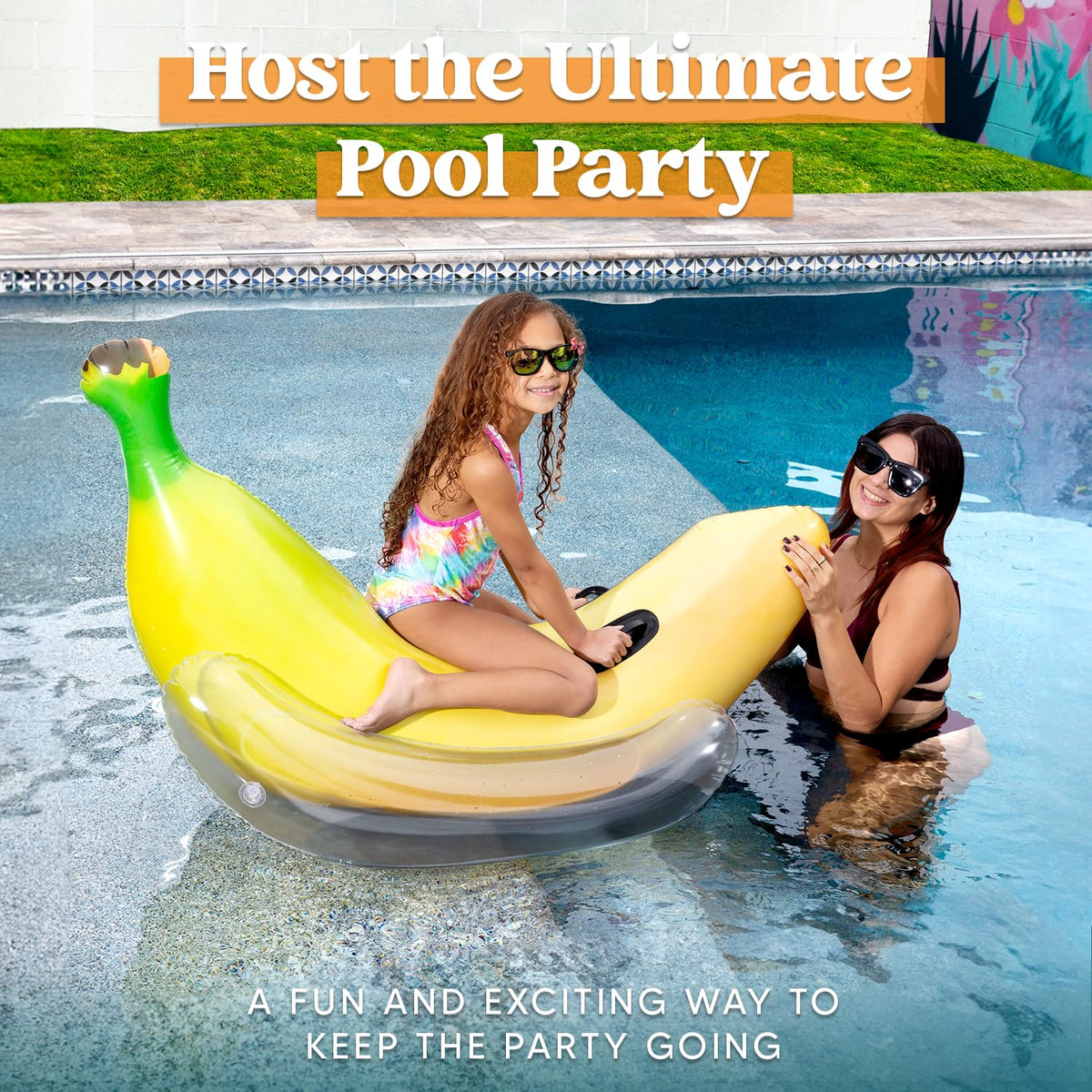 Beach party scene with Sloosh banana float.