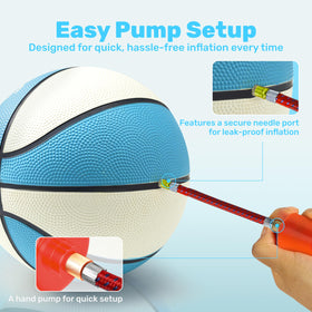 Sloosh ball pump included enables quick inflation for continuous play.