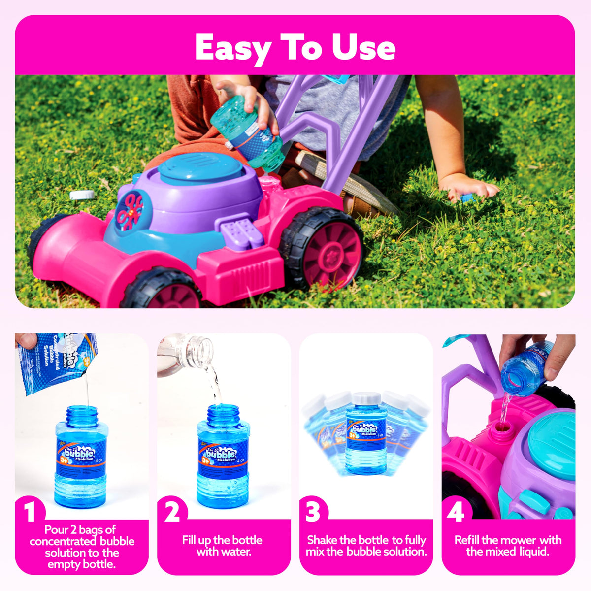 SLOOSH Bubble Lawn Mower instruction sheet assists with setup and safety