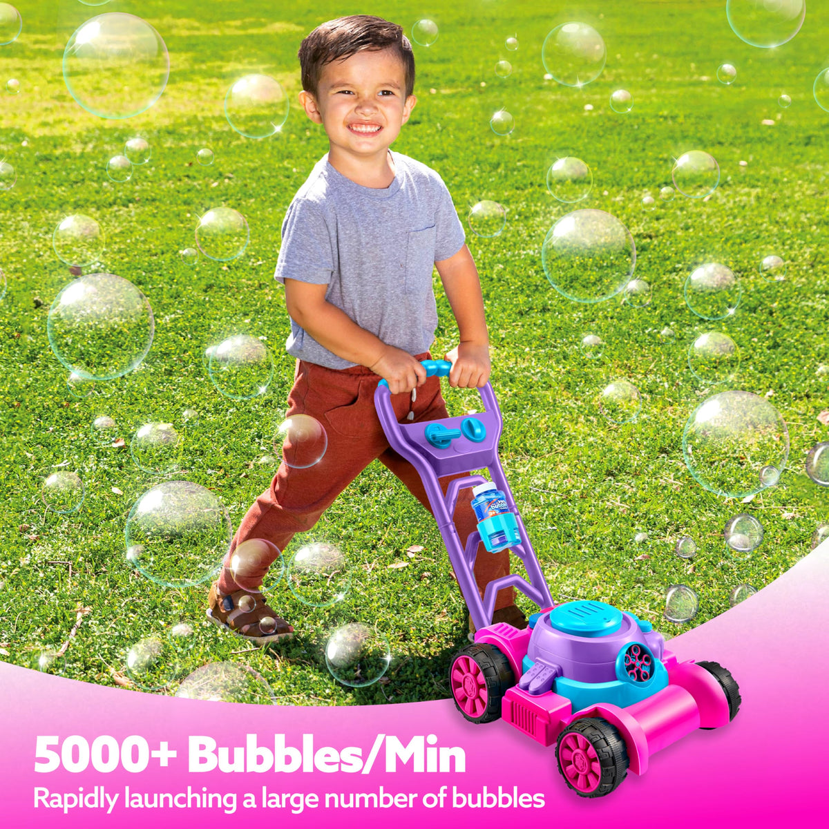 SLOOSH Bubble Lawn Mower package includes bubble solution and refills for easy setup