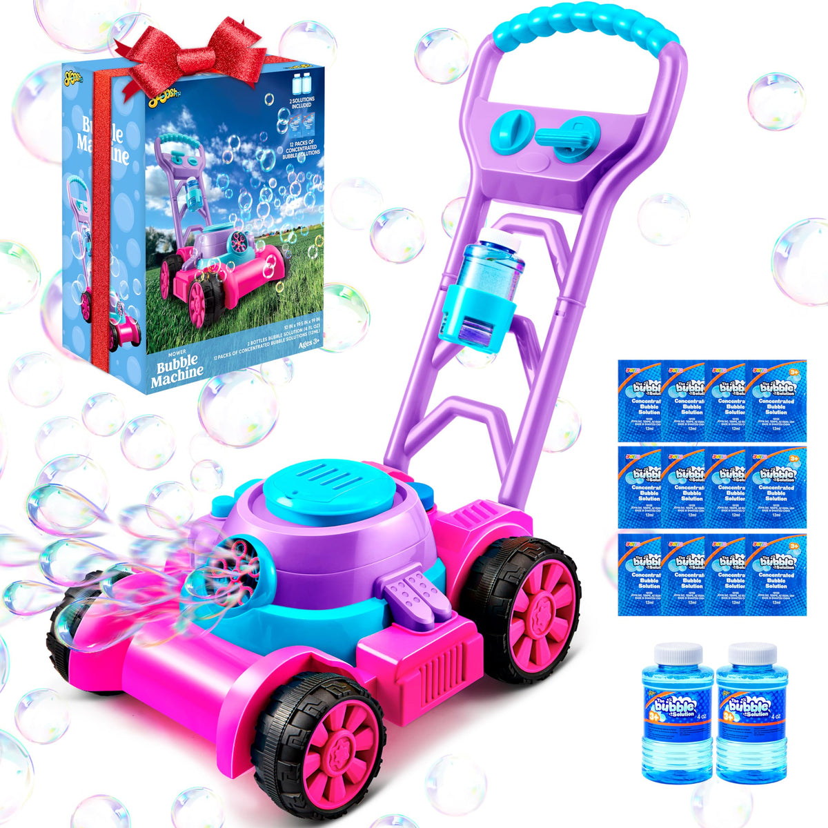 SLOOSH Bubble Lawn Mower pink front view promotes outdoor pretend play