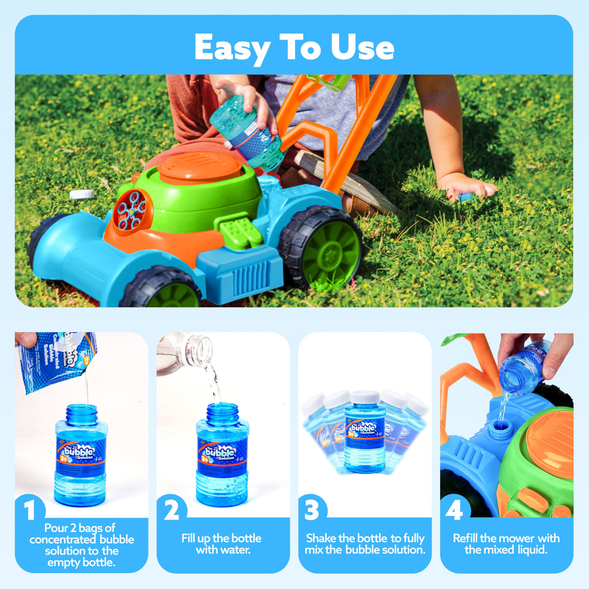 Sloosh Bubble Lawn Mower Toy blue compact size fits small play spaces