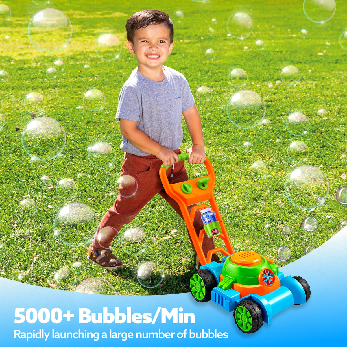 Sloosh Bubble Lawn Mower Toy blue promotes gross motor skills during play