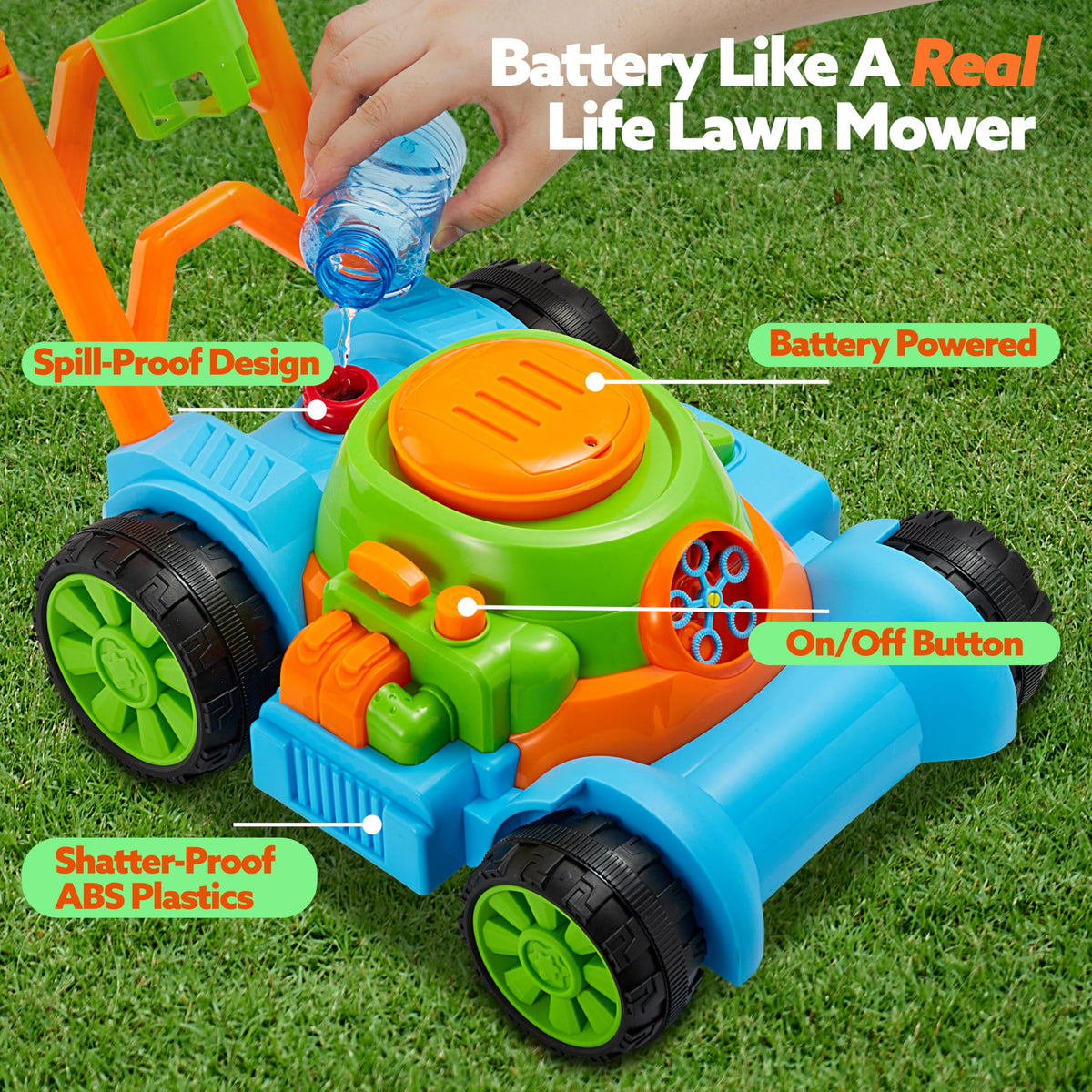 Sloosh Bubble Lawn Mower Toy blue for indoor outdoor play by toddlers