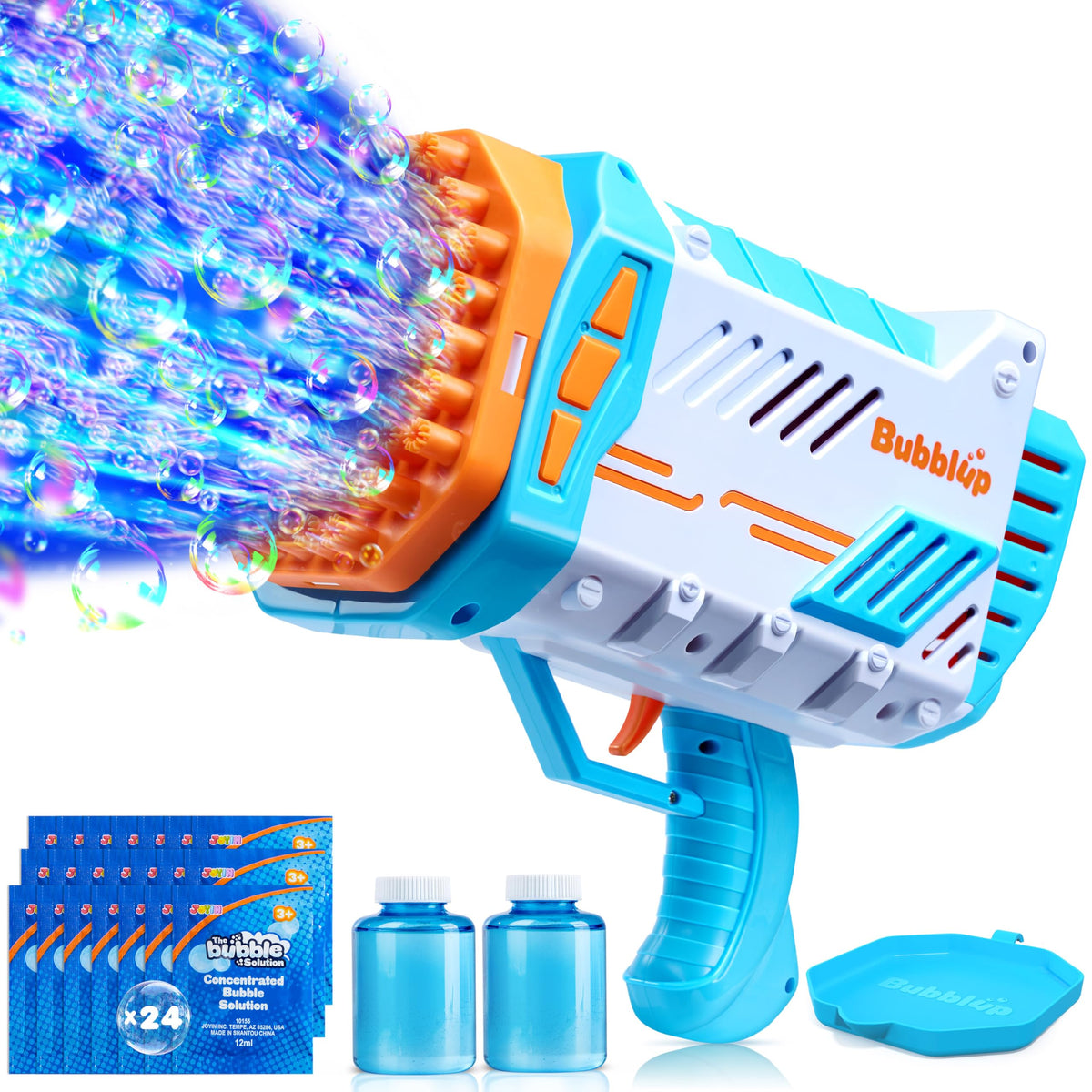Sloosh bubble machine guns sixty-nine-holes rocket shape for dynamic outdoor fun.