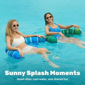 Sloosh buoyant pillow support cradles head during sunbathing sessions.