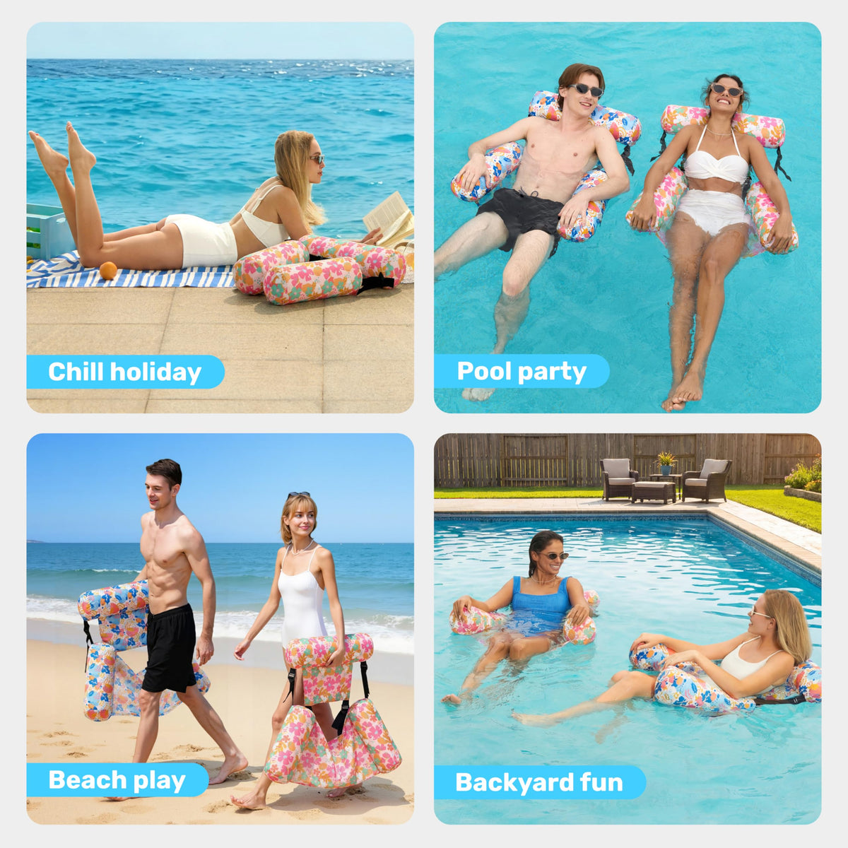 Sloosh compact portable pool lounge chair with bag, travel-ready.