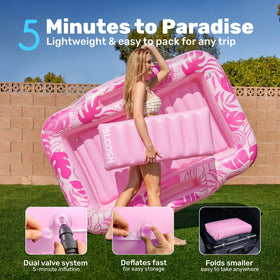 SLOOSH compact portable pool lounger in pink tropical style