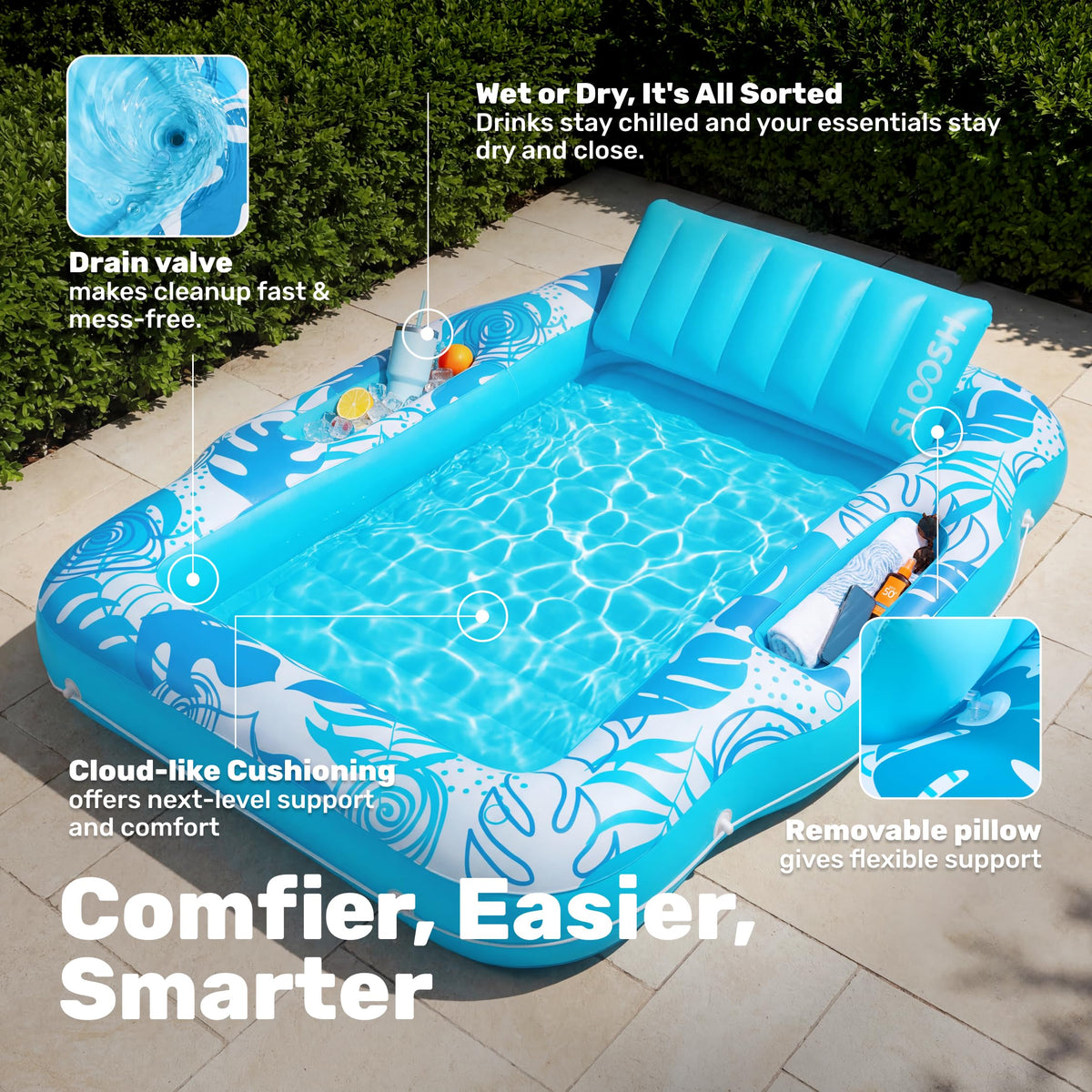 Sloosh detachable headrest for ergonomic poolside lounging.