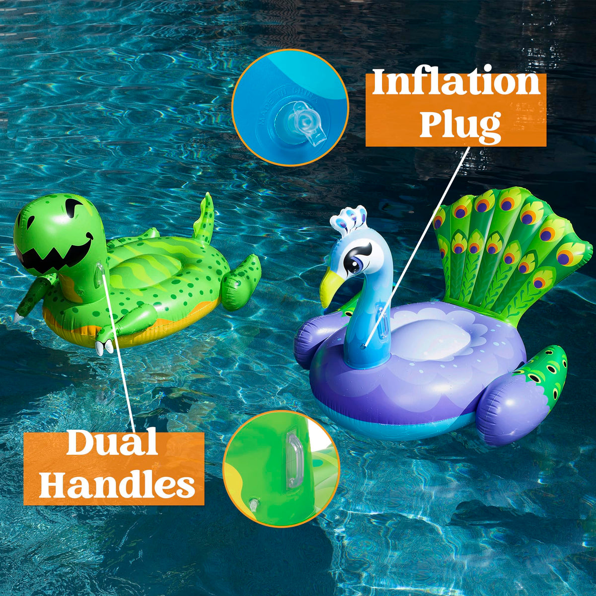 Sloosh inflatable dinosaur and peacock set for duo pool fun