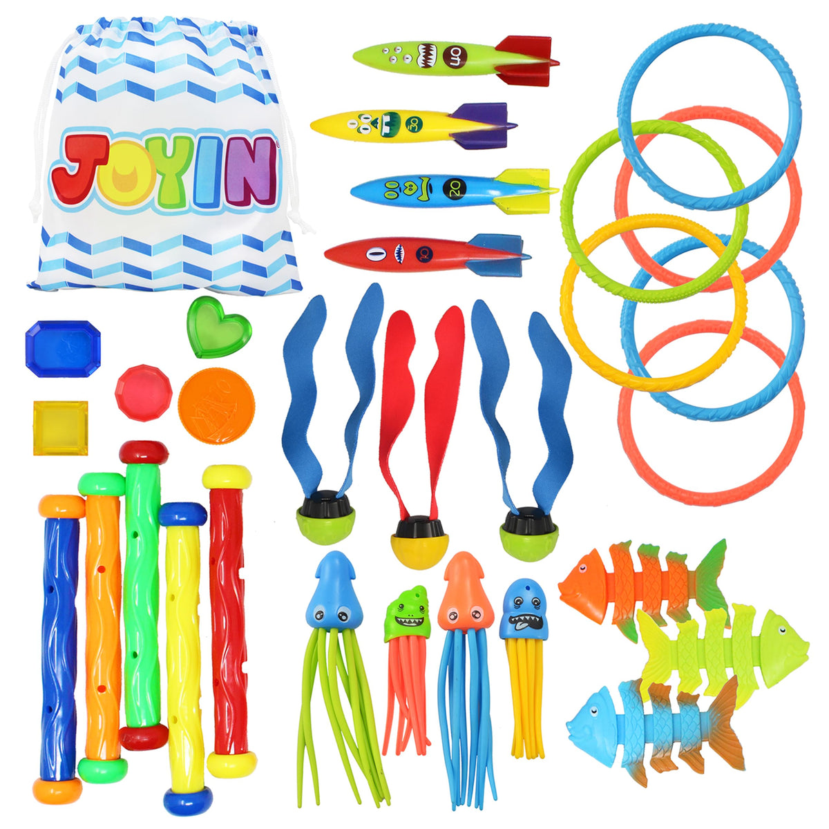 Sloosh diving rings rest upright on the pool floor, easy to grab during play