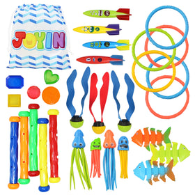 Sloosh diving rings rest upright on the pool floor, easy to grab during play