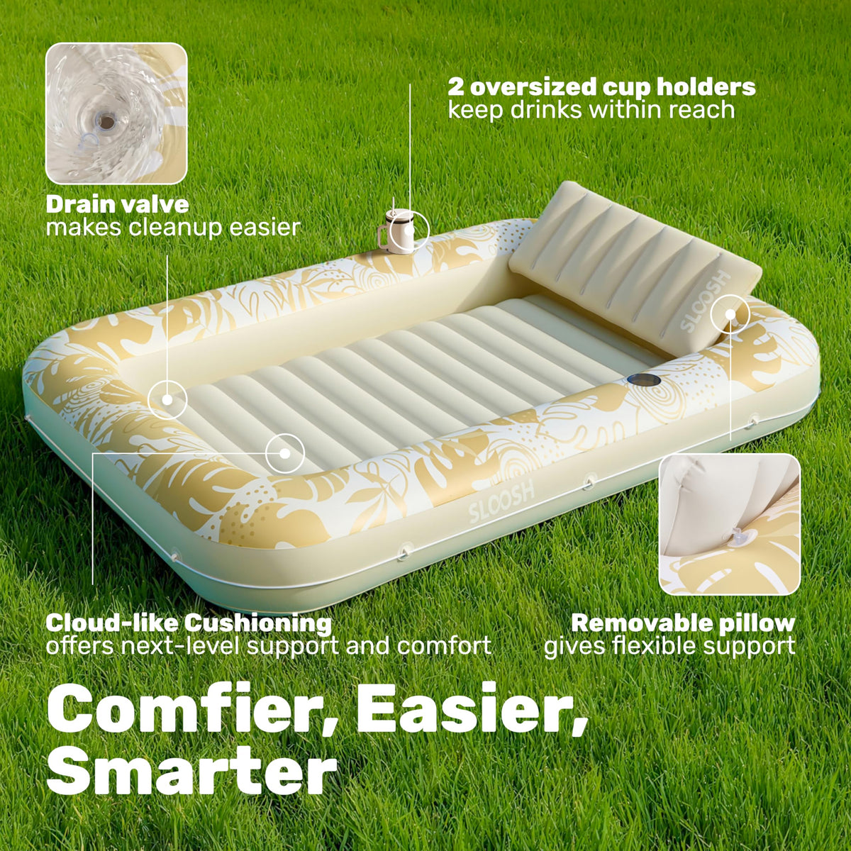 Sloosh float with built-in drink holders aiding easy beverages while lounging.
