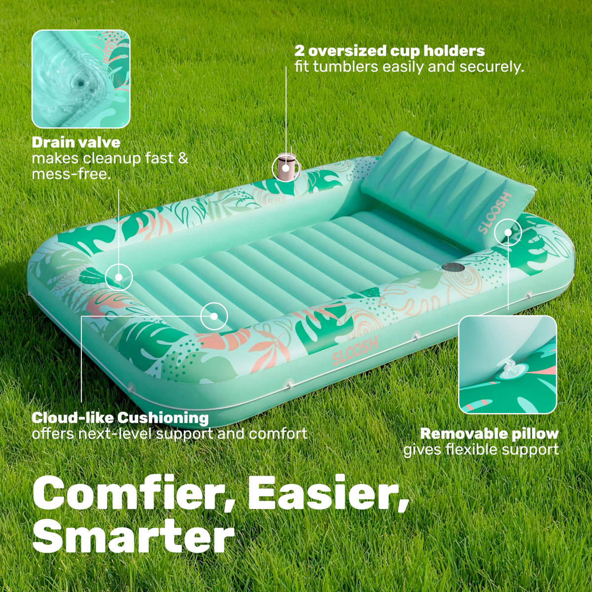 Sloosh drink holders keep beverages close, hassle-free, during poolside relaxation.