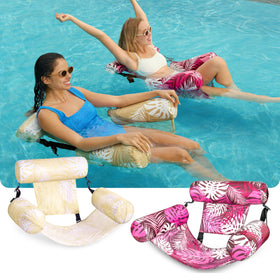 Sloosh pink champagne tropical leaves floating lounge chair ready for sunny days outdoors.