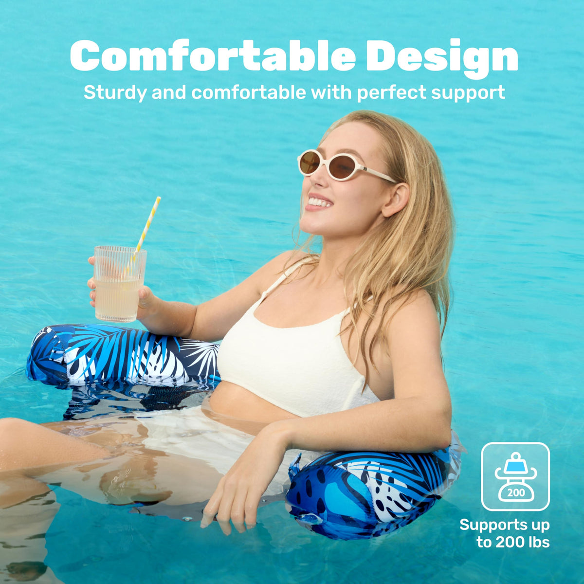 Sloosh floating lounge with sling seat supports relaxed days by the water.
