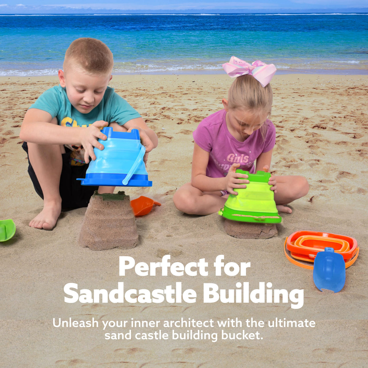 Sloosh foldable blue beach pail keeps sand play organized in any suitcase.