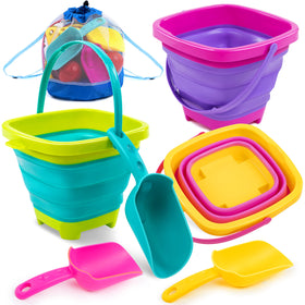 Sloosh foldable bucket pack in pink, purple, and green for versatile beach play