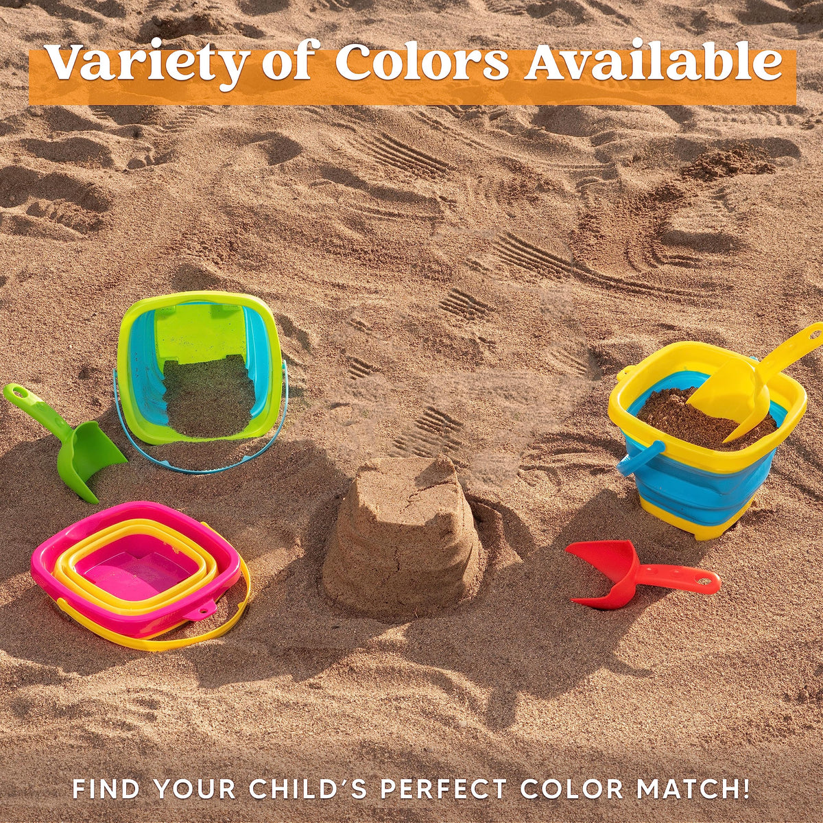 Sloosh foldable bucket unfolded in sandbox for hands-on play