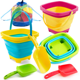 Sloosh foldable buckets trio in yellow blue green for beach play