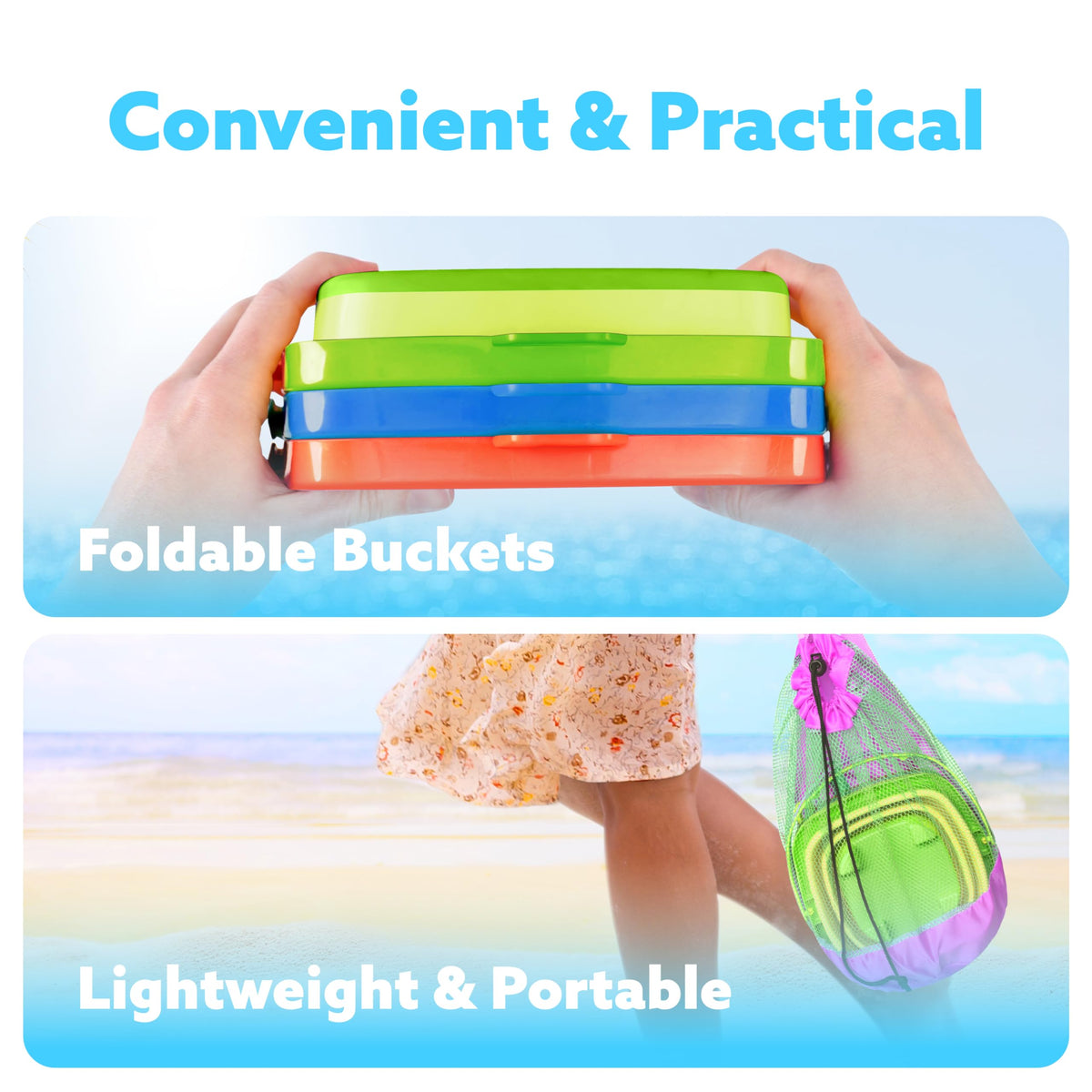 Sloosh foldable green beach pail makes sand activities tidy and portable.