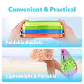 Sloosh foldable green beach pail makes sand activities tidy and portable.