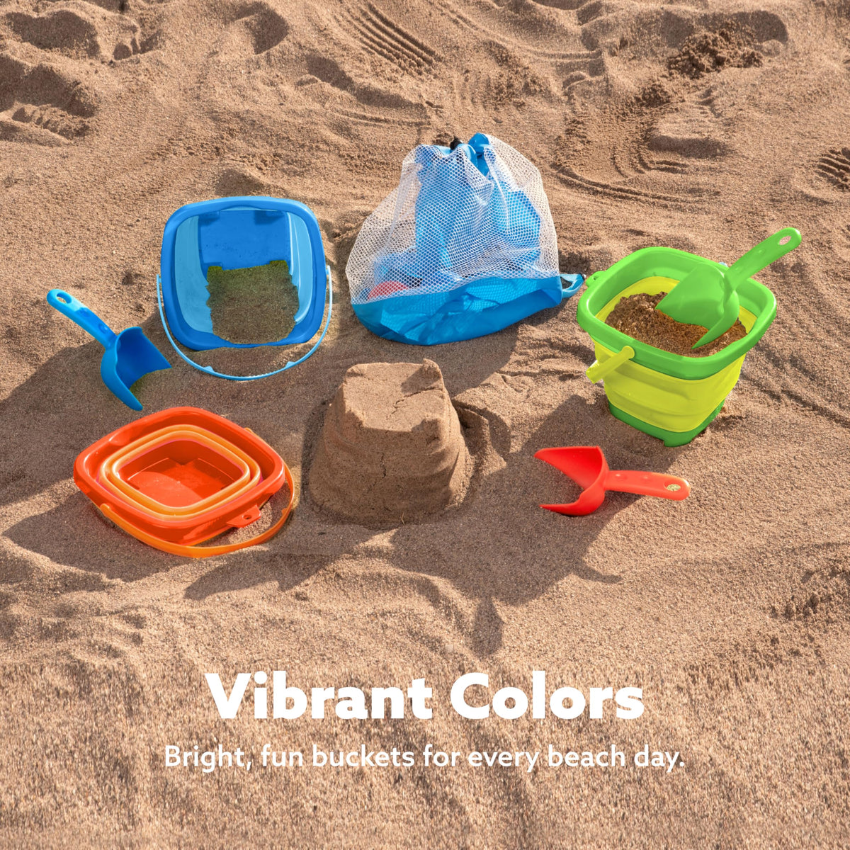 Sloosh foldable orange beach pail suitable for compact packing on trips.
