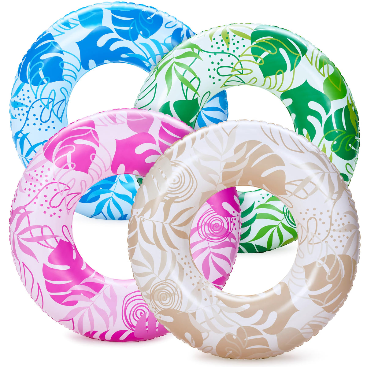 Sloosh four-pack pool floats, 32-inch rings, ideal for vibrant pool parties.