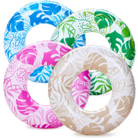 Sloosh four-pack pool floats, 32-inch rings, ideal for vibrant pool parties.