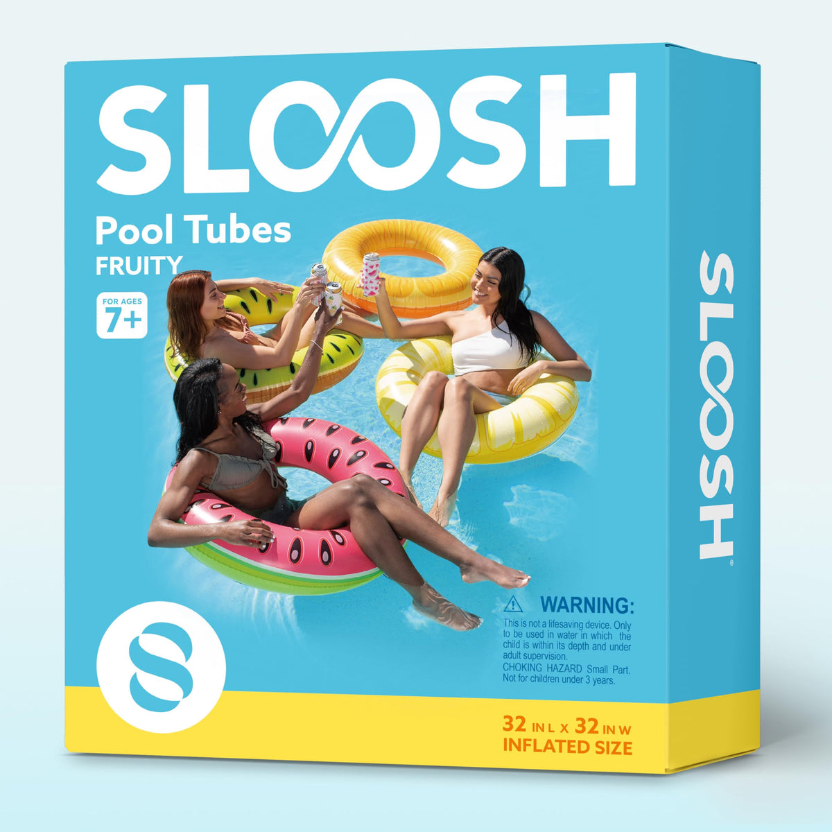 Sloosh four-pack fruit pool floats on a beach-ready scene
