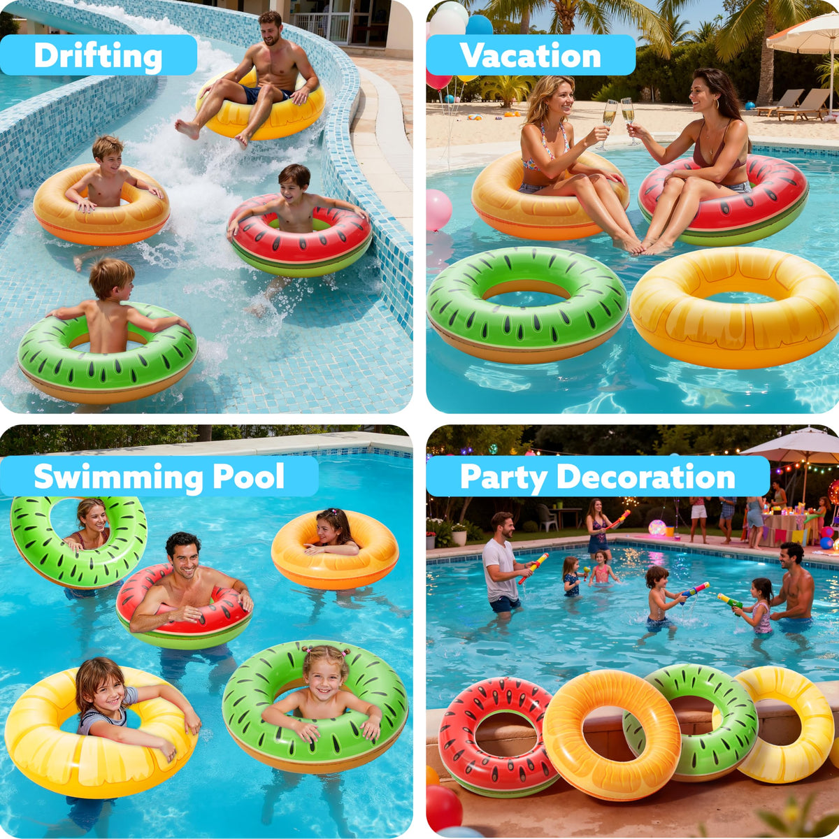 Sloosh family using fruit pool floats for playful pool games