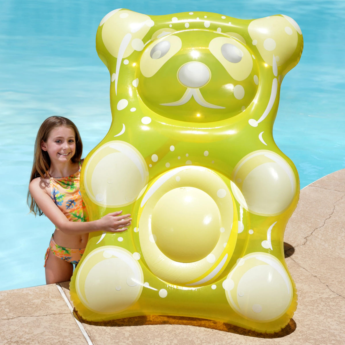 Sloosh gummy bear 60-inch pool float for roomy lounging.